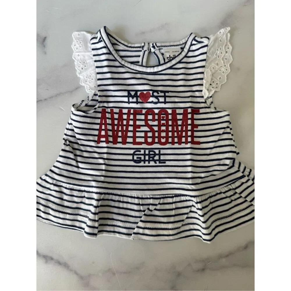 Newborn girls red white blue outfit summer cotton bloomers eyelet striped blouse